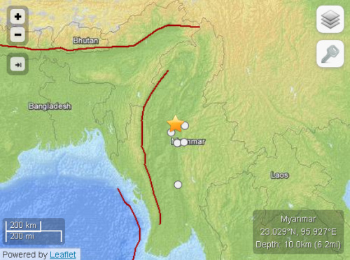 緬甸發(fā)生兩次5.0級余震震源深度均為10公里