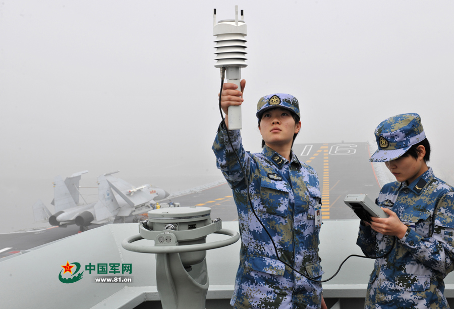 飛行前氣象值班女艦員進行風(fēng)力參數(shù)測定。本網(wǎng)通訊員 王松岐 攝