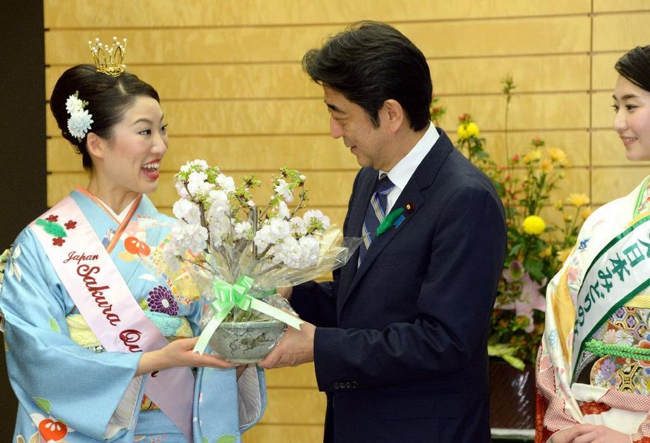 安倍接見日本櫻花女王、綠色女神